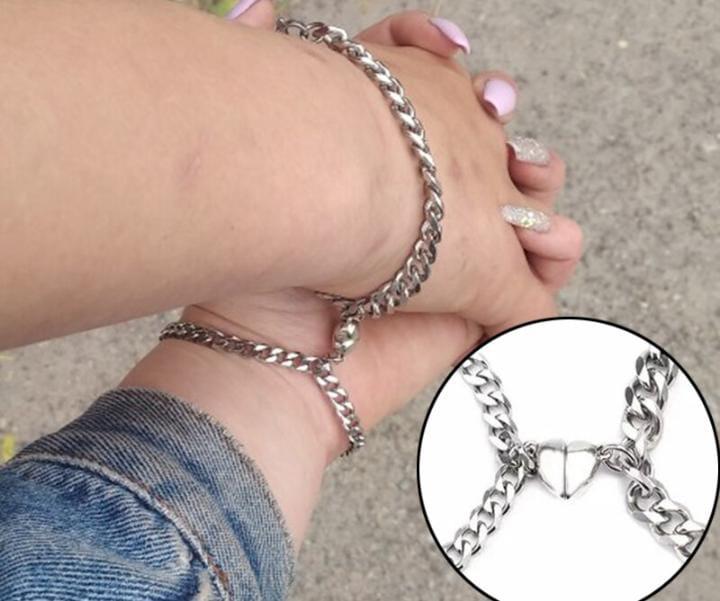 Silver & Gold Plated Magnet Heart Design Couple's Bracelet 2pcs